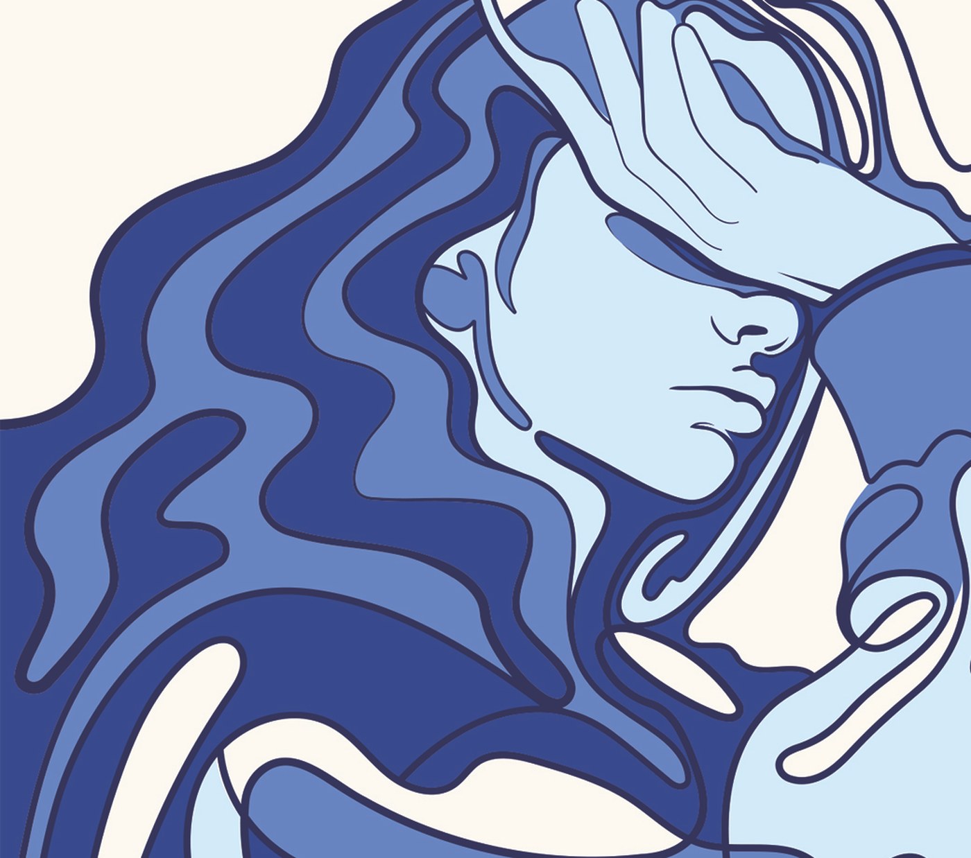 Cover artwork for Desire Lines: a woman with flowing hair rendered in ultramarine, cobalt and periwinkle blues