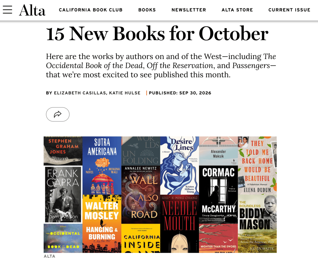Alta Journal’s “15 New Books for October,” with the cover of Desire Lines among the fifteen