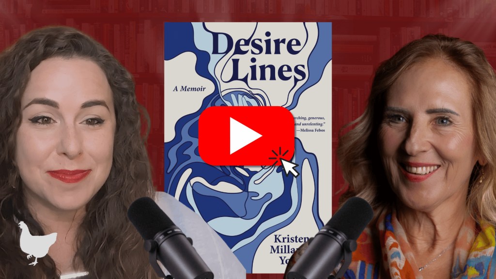 Red Hen Radio: Kristen Millares Young and Kate Gale beside the cover of Desire Lines