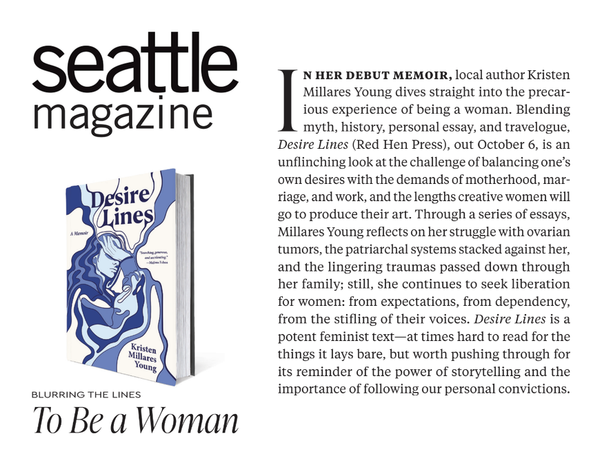 “To Be a Woman,” the review of Desire Lines in the print pages of Seattle magazine, with the magazine’s masthead and the book cover
